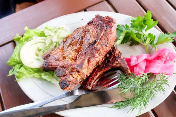 Meat Steak Plate Fork Knife — Stock Photo, Image