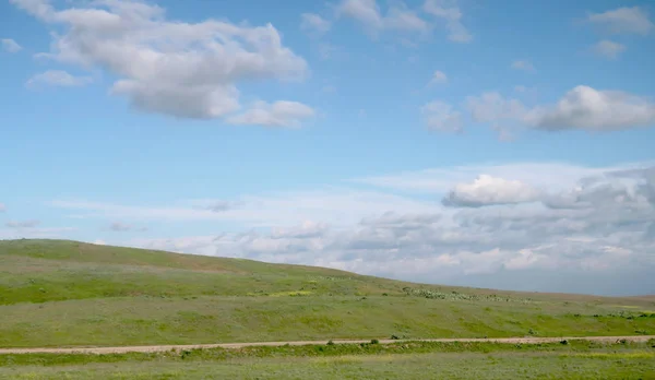Green steppe hills on sunny day
