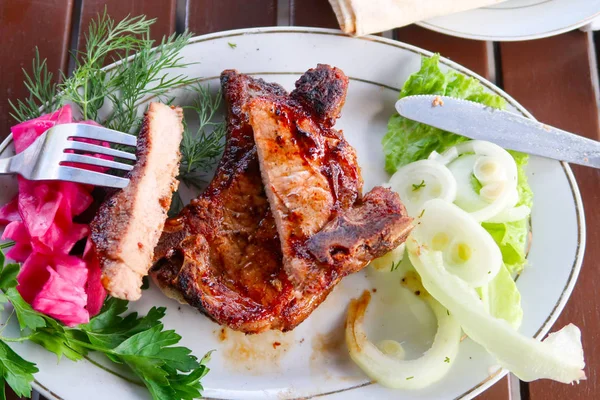 Meat Steak Plate Fork Knife — Stock Photo, Image