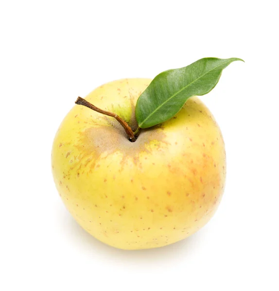 Κίτρινο Μήλο Ένα Φύλλο Λευκό Φόντο — Φωτογραφία Αρχείου