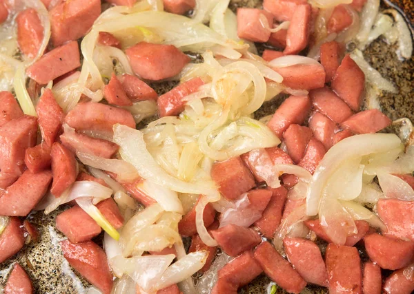 Slices Grilled Sausage Onions — Stock Photo, Image