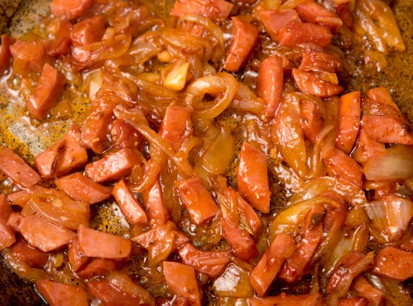 Slices Grilled Sausage Onions — Stock Photo, Image