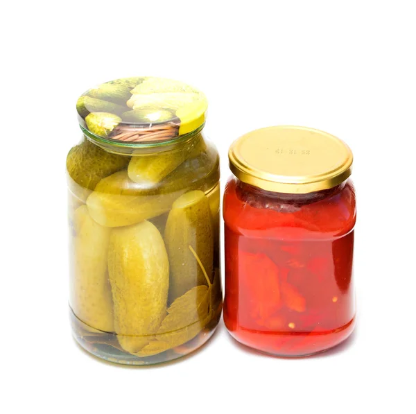 Cucumbers, tomatoes marinated in a glass jar — Stock Image Cucumbers Tomatoes Marinated Glass Jar Stock Image