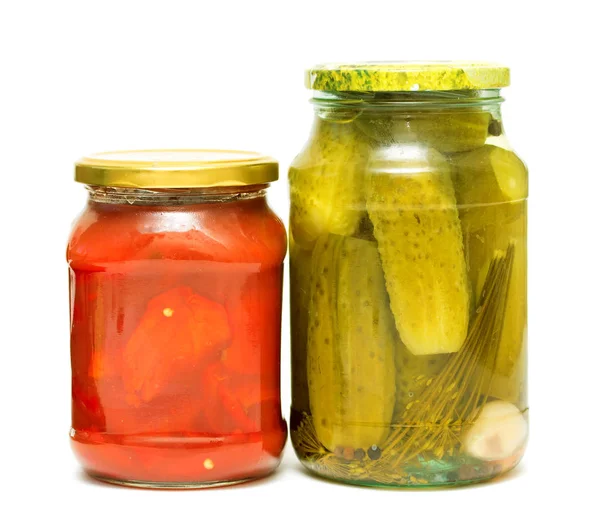 Cucumbers Tomatoes Marinated Glass Jar — Stock Photo, Image