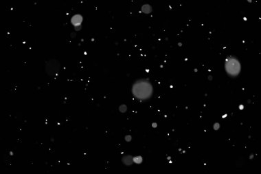 Kar fırtınası doku. Siyah arka plan, ışıkları bokeh vurdu kar taneleri havada uçan