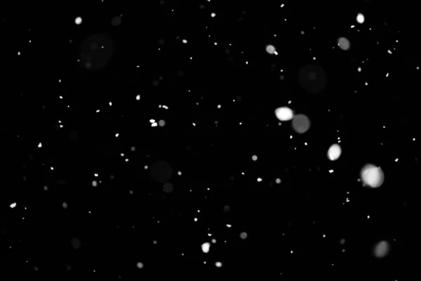 Snowstorm Texture Bokeh Lights Black Background Shot Flying Snowflakes Air — Stock Photo, Image