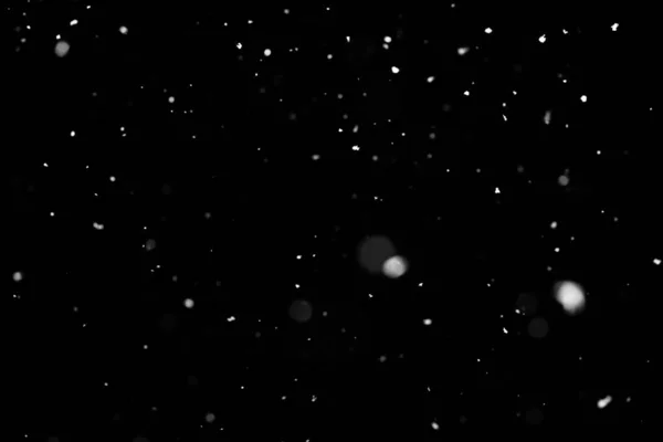 Struttura Della Tempesta Neve Bokeh Luci Sfondo Nero Colpo Volare — Foto Stock