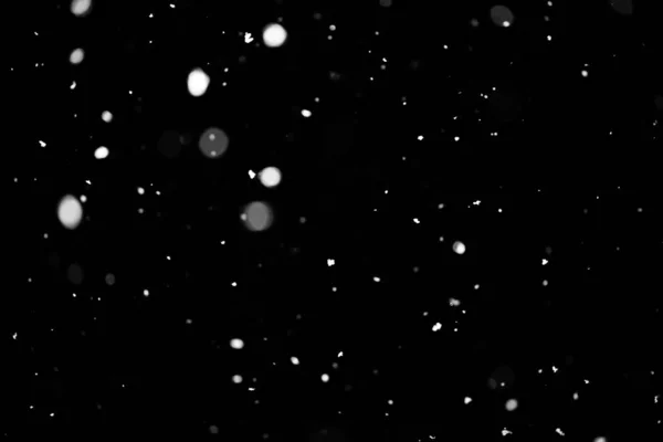 Textura Tormenta Nieve Luces Bokeh Sobre Fondo Negro Plano Copos — Foto de Stock