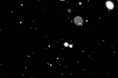 Kar fırtınası doku. Siyah arka plan, ışıkları bokeh vurdu kar taneleri havada uçan