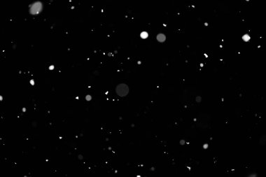 Kar fırtınası doku. Siyah arka plan, ışıkları bokeh vurdu kar taneleri havada uçan