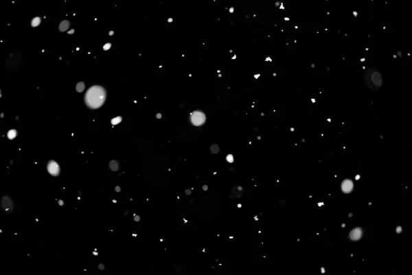 Schneesturm Bokeh Lichter Auf Schwarzem Hintergrund Schuss Fliegender Schneeflocken Der — Stockfoto