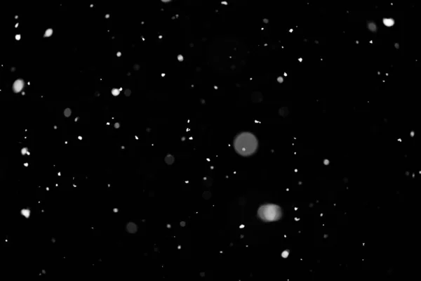 Struttura Della Tempesta Neve Bokeh Luci Sfondo Nero Colpo Volare — Foto Stock