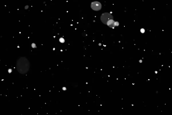 Snowstorm Texture Bokeh Lights Black Background Shot Flying Snowflakes Air — Stock Photo, Image