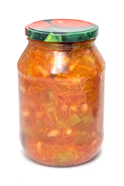 Vegetable Lecho Glass Jar White Background — Stock Photo, Image