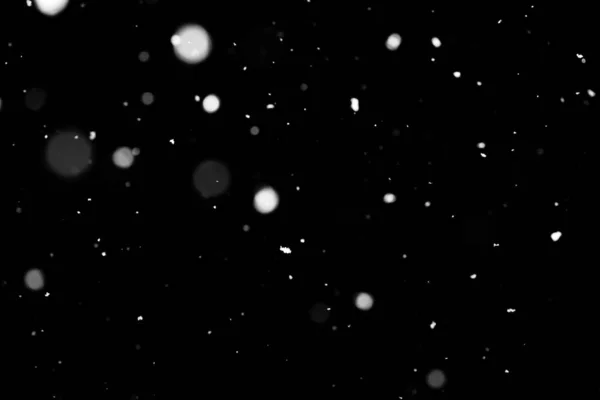 Textura Tormenta Nieve Luces Bokeh Sobre Fondo Negro Plano Copos —  Fotos de Stock