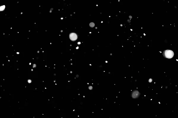 Snowstorm Texture Bokeh Lights Black Background Shot Flying Snowflakes Air — Stock Photo, Image