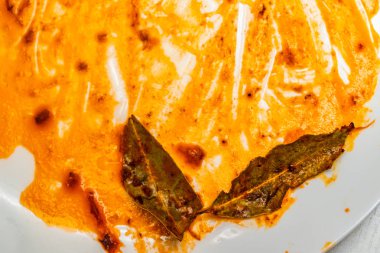 Beyaz arka planda, yemekten sonra kirli tabak kırmızı domates salçası