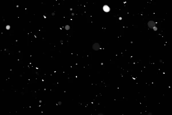 Textura Tormenta Nieve Luces Bokeh Sobre Fondo Negro Plano Copos —  Fotos de Stock