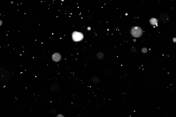 Textura Tormenta Nieve Luces Bokeh Sobre Fondo Negro Plano Copos — Foto de Stock