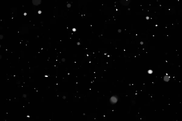 Textura Tormenta Nieve Luces Bokeh Sobre Fondo Negro Plano Copos —  Fotos de Stock