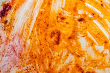 Beyaz arka planda, yemekten sonra kirli tabak kırmızı domates salçası