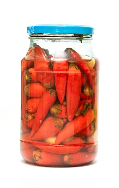 Close View Pickled Chili Peppers Glass Jar Isolated White — Stock Photo, Image