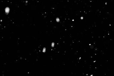 Kar fırtınası doku. Siyah arka plan, ışıkları bokeh vurdu kar taneleri havada uçan