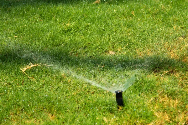 Oskärpa Bevattningssystem Vattning Det Gröna Gräset Med Bokeh Bakgrund — Stockfoto