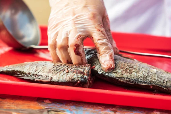 Čisté Ruce Nůž Čerstvých Ryb — Stock fotografie