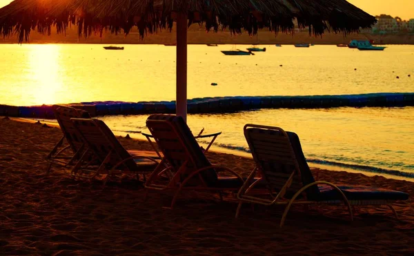 Matahari Terbenam Pantai Mengaburkan Siluet Payung — Stok Foto