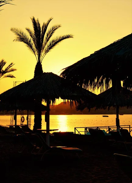 Tramonto Sulla Spiaggia Sagome Sfocate Ombrelloni — Foto Stock