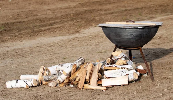 Cast Iron Cauldron Street Cooking Soup — Stock Photo, Image