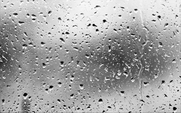在玻璃上的雨滴 黑色和白色的照片 — 图库照片