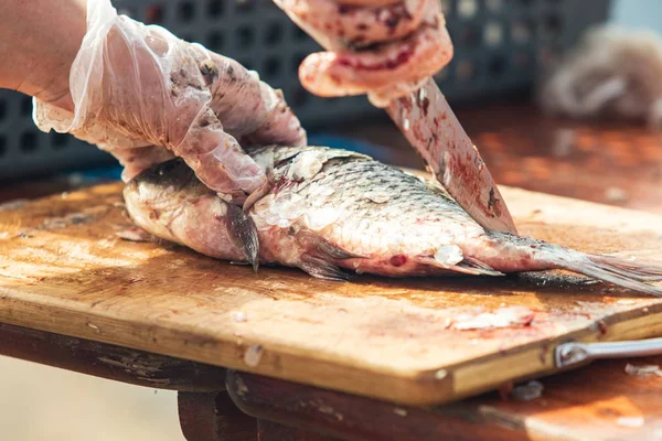 Manos Limpias Con Cuchillo Pescado Fresco — Foto de Stock