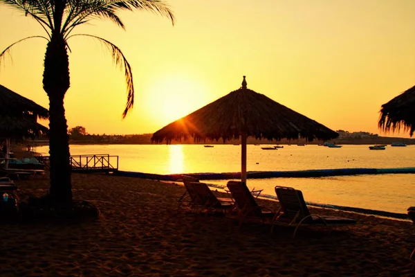 Puesta Sol Playa Siluetas Borrosas Sombrillas — Foto de Stock