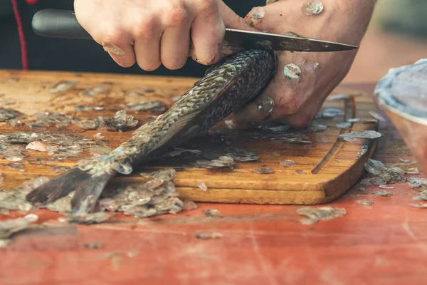 Mains Propres Avec Couteau Poisson Frais — Photo