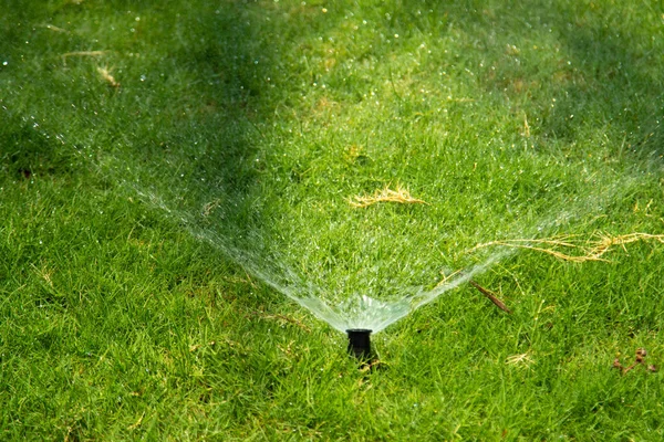 Defocused Irrigation System Watering Green Grass Bokeh Background Royalty Free Stock Photos