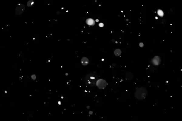 Textura Tormenta Nieve Luces Bokeh Sobre Fondo Negro Plano Copos —  Fotos de Stock