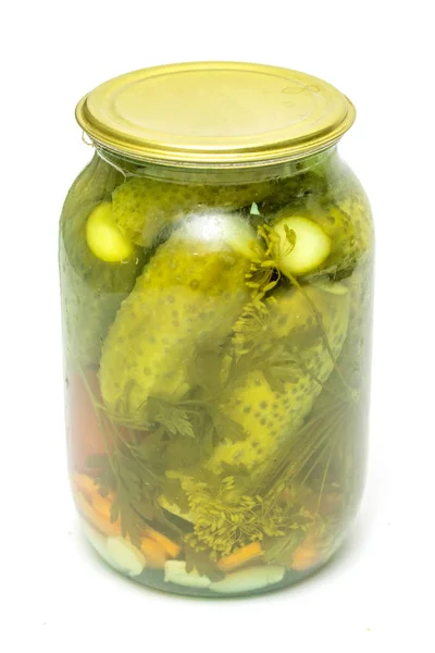 Pot Met Gepekelde Komkommers Witte Achtergrond — Stockfoto