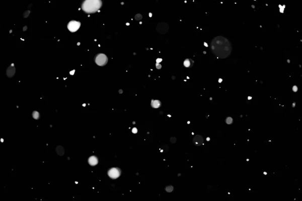 Snowstorm Texture Bokeh Lights Black Background Shot Flying Snowflakes Air — Stock Photo, Image