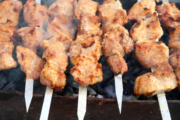 Meat Skewers Skewers Cooked Charcoal — Stock Photo, Image