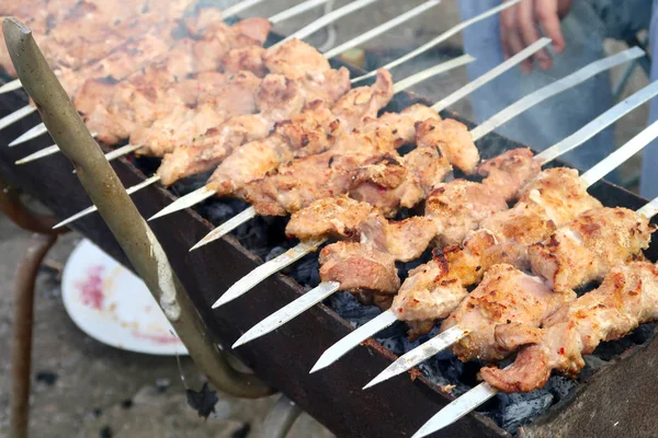 Meat Skewers Skewers Cooked Charcoal — Stock Photo, Image