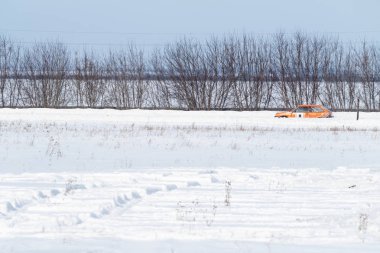 Petropavlovsk, Kazakistan - 6 Mart 2016: Fincan Urallar, Sibirya ve Kazakistan kış parça yarış. Yarış pisti Bishkul Kuzey Kazakistan 2016.