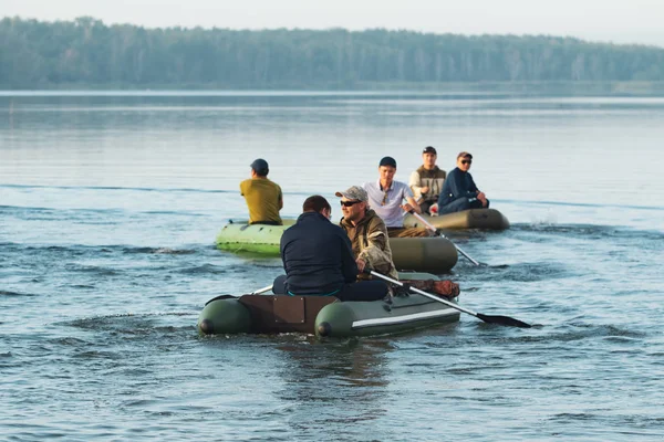 Petropavlovsk Kazakhstan July 2018 Fishermen People Rubber Boats Lake Fish — Stock Photo, Image