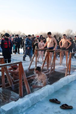 Petropavlovsk, Kazakistan. 19 Ocak 2018: Hıristiyan tatil 