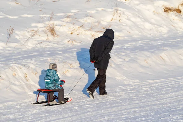 Petropavlovsk Kazakistan Aralık 2018 Çocuklar Ebeveynler Kayak Kış Bir Kızak — Stok fotoğraf
