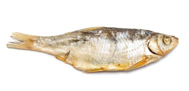 Beyaz arka planda, bira için gıda izole kuru çiğ balık vobla.