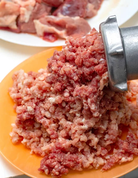 Gehakt Vlees Vleesmolen Plaat Vlees Stuk Rauwe — Stockfoto