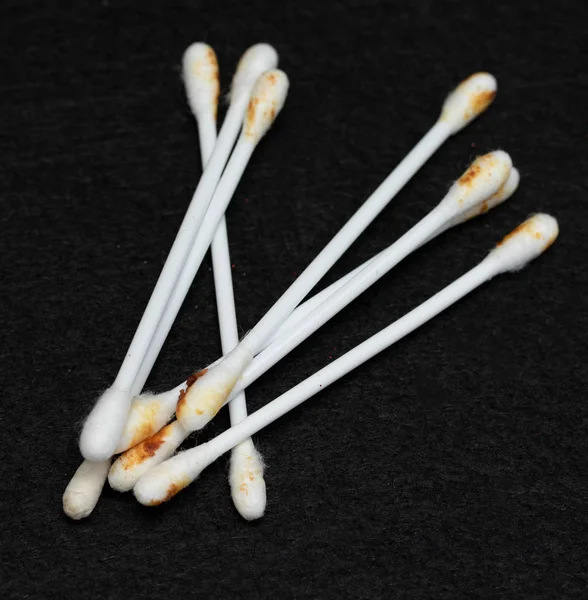 White Ear Sticks Used Black Background — Stock Photo, Image