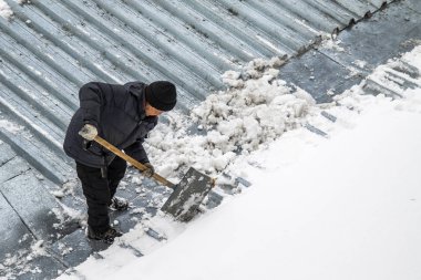 Bir adam kaldırır kar küreği üstten görünüm, metal çatı.